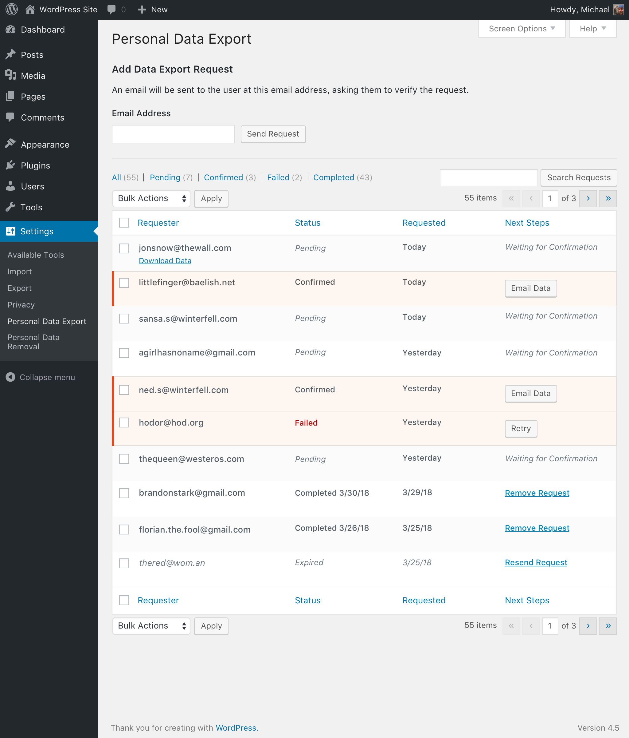 43546 (Add to the privacy tools UX a means to export personal data 